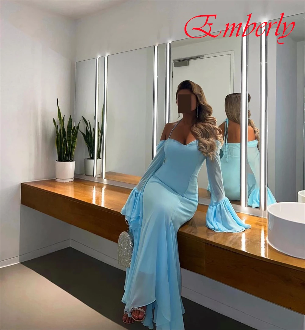 Robe de soirée sirène en mousseline de soie, col en v, manches longues, personnalisée, manches évasées, robes de soirée, robes d'occasion spéciale