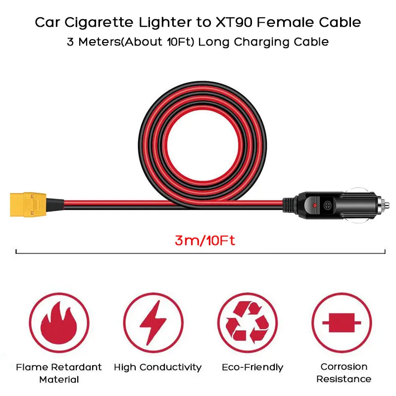 3 Meters XT90 to Car Cigarette Lighter Charging Cable for AFERIY P110/P210/P280/P310 Solarplay 2400W Etc. Portable Power Station