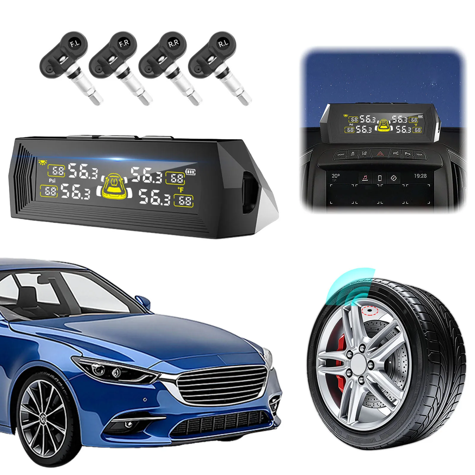 RV Real-Time Tire Press Monitoring System Solar & USB Dual Power 4 External Sensors Color LCD Monitor for SUV Mpv Sedan Truck