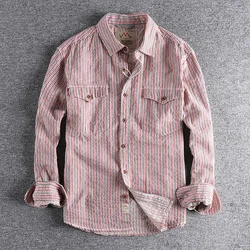 New spring wash khaki Japanese retro striped long-sleeved shirt menswear pocket trend loose youth blouse