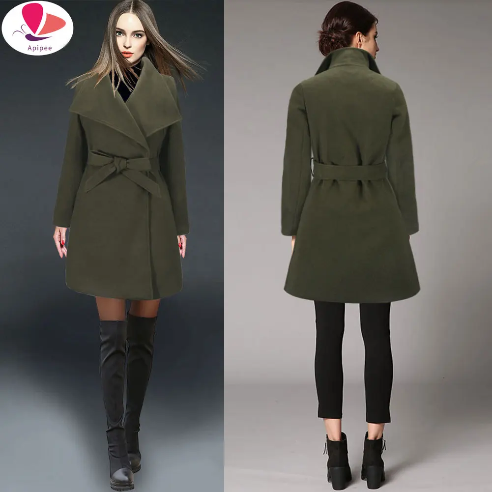 

Women Woolen Long Sleeve Medium-long Notched Collar Open Front Parka Belt Coats Cardigan Jackets Elegant Blend 2024 New