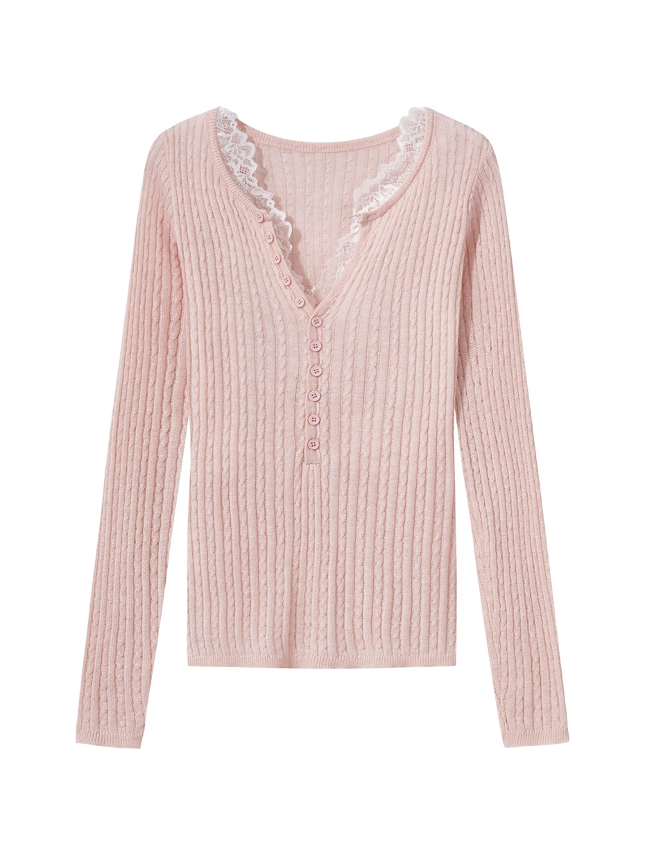 

French Style Lace Splice Knitted Top Women's Slim Fit V-Neck Patcher Fake Two-Piece Spring Pure Desire Atmosphere Casual Wear