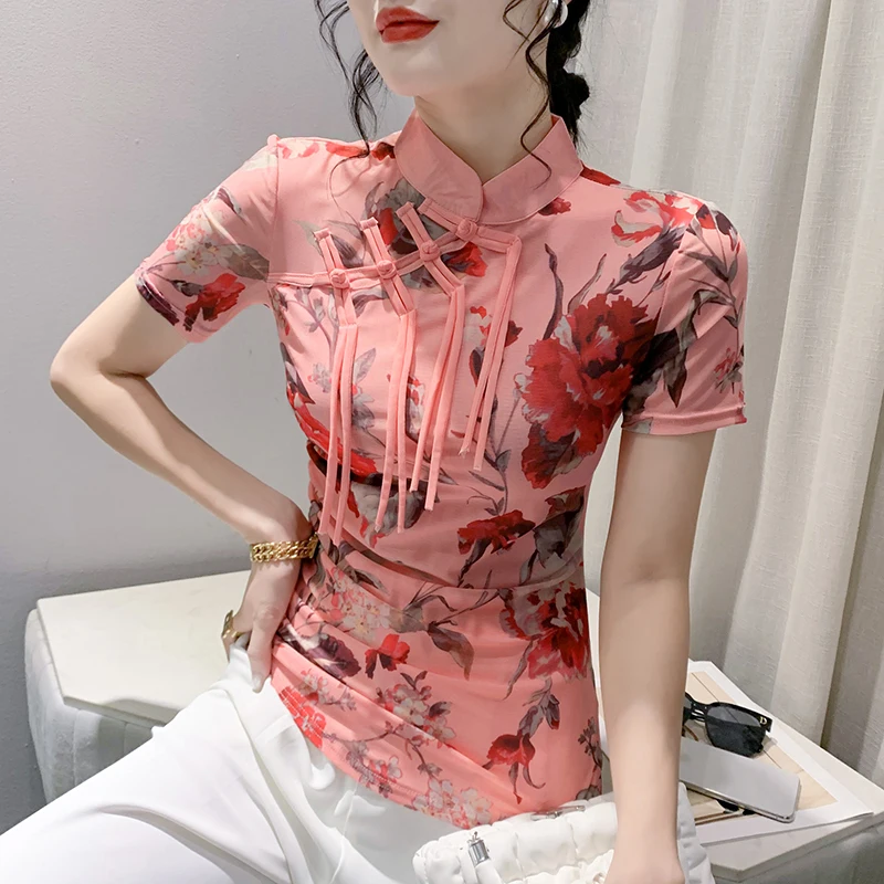 

2023 Summer New Printed Women's Top Short Sleeve Printed T-shirt Underlay Mesh Retro Vintage Clothing Pink Tee