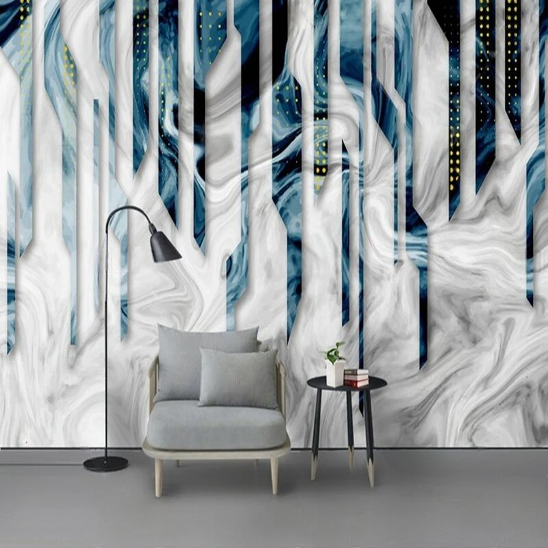 Modern Minimalist Abstract Three-Dimensional Geometric Lines Imitation Marble Library Dining Room TV Background Wall