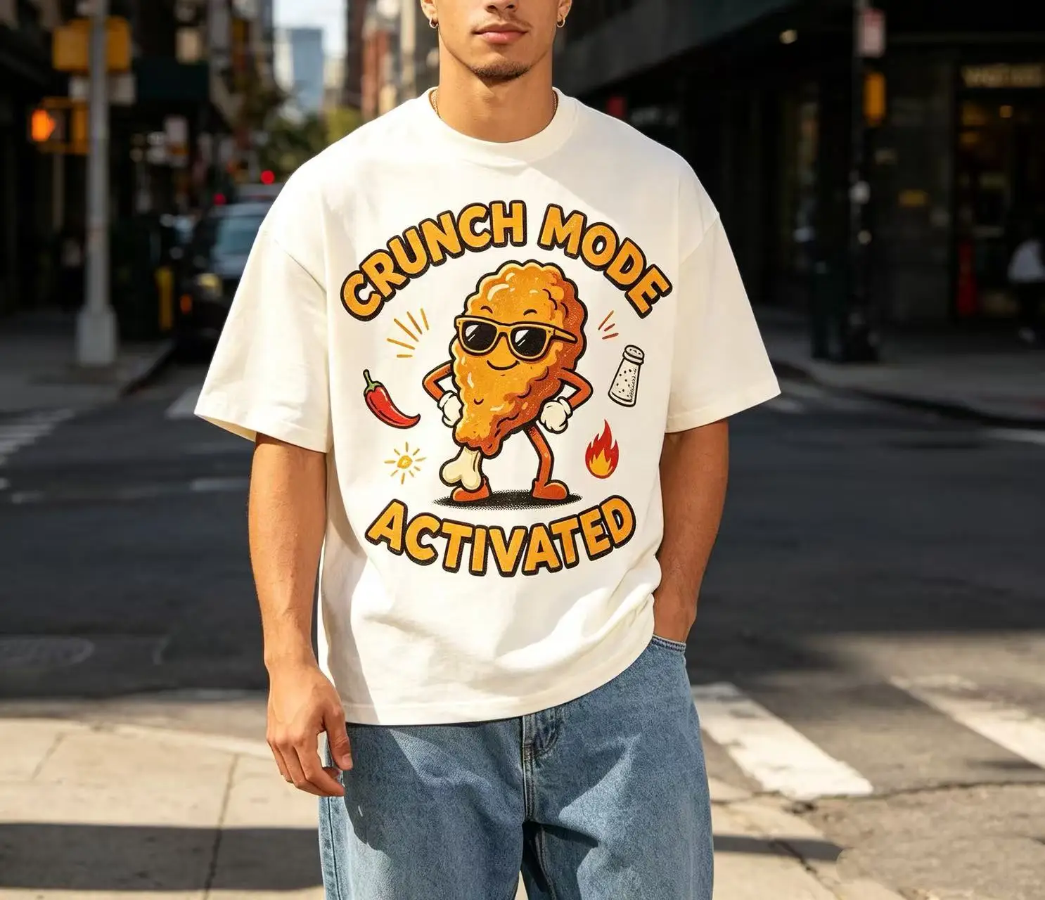 Unisex Crunch Mode Activated Cool Fried Chicken Drumstick Cartoon Graphic T Shirt Men Women Funny Food Print Oversized Crew Neck Cotton Tee