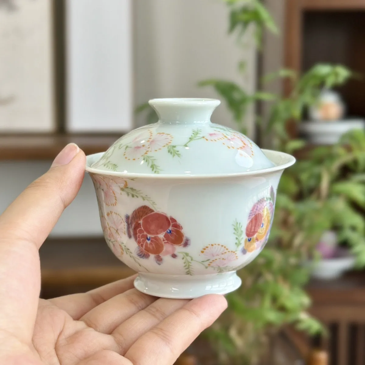 Jingdezhen hand-painted orchid Shouwen Ercai cover bowl milky white handmade Ru kiln ceramics