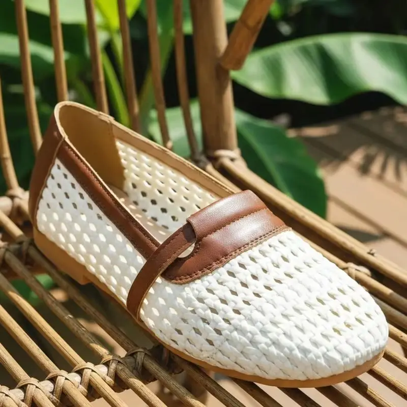 Mocasines de mujer con tejido hueco, zapatos planos transpirables sin cordones, zapatos informales con ribete de cuero marrón, mocasines antideslizantes cómodos para verano