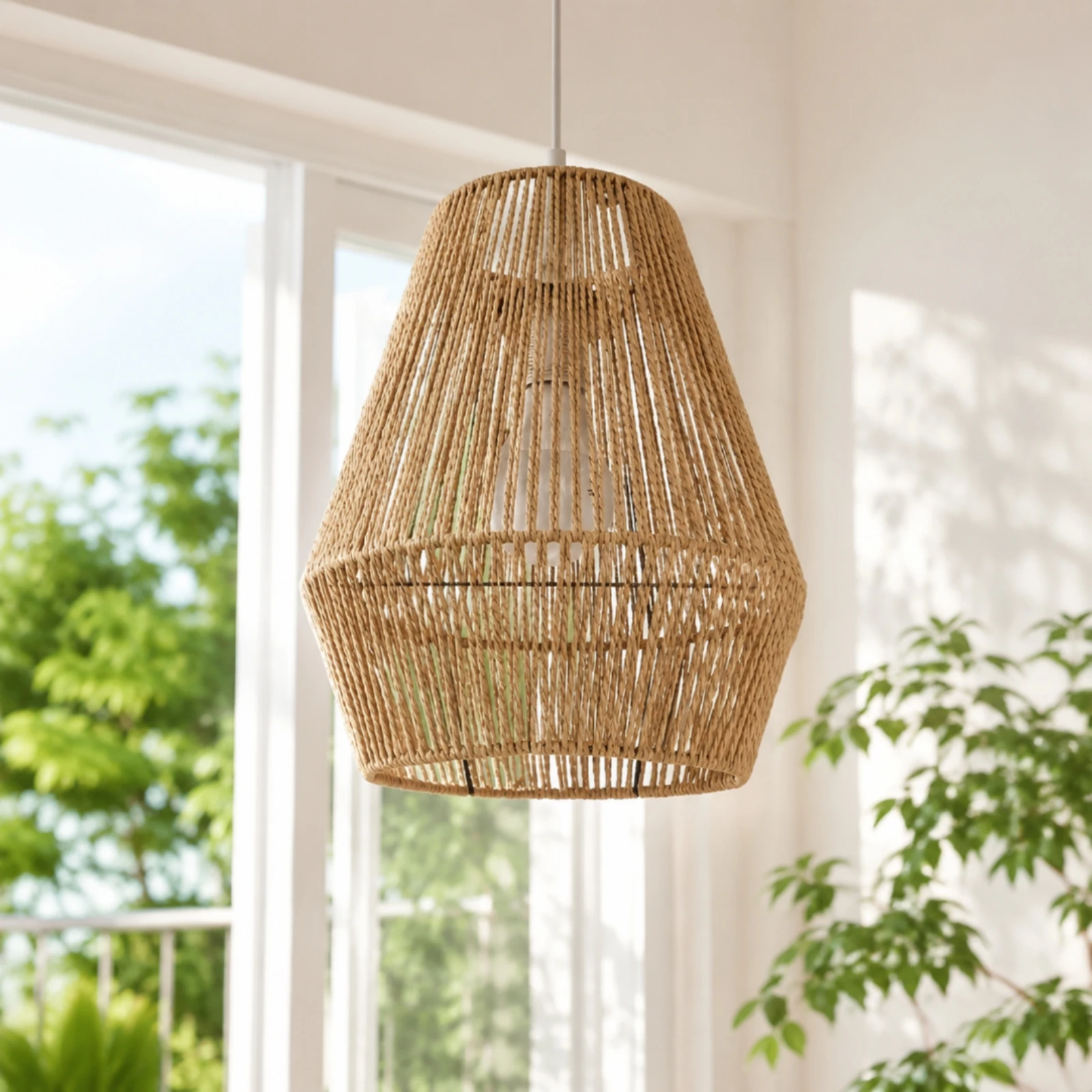 Paper Rope Pendant Lampshade Handwoven Handmade Woven Paper Rope Shade Tapered Woven Pendant Light Shade E27 Compatible Beige