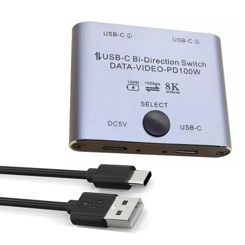Przełącznik USB-C 8K dla 2 komputerów, dwukierunkowy przełącznik KVM typu C, 1 wejście 2 wyjścia / 2 wejścia 1 wyjście, transfer wideo, 100W, 10Gbps danych — zdjęcie produktu 7