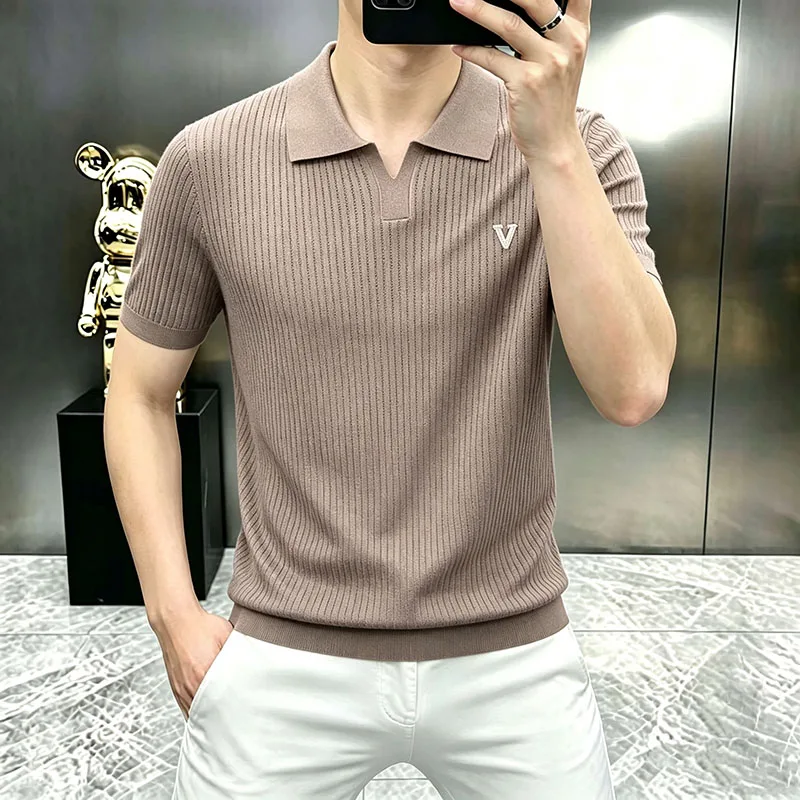 Seagull Collar Stretchy Men's Polo Shirts Short Sleeve Knitwear Summer Quality Viscose Polyamide Blend Exquisite Polos De Hombre