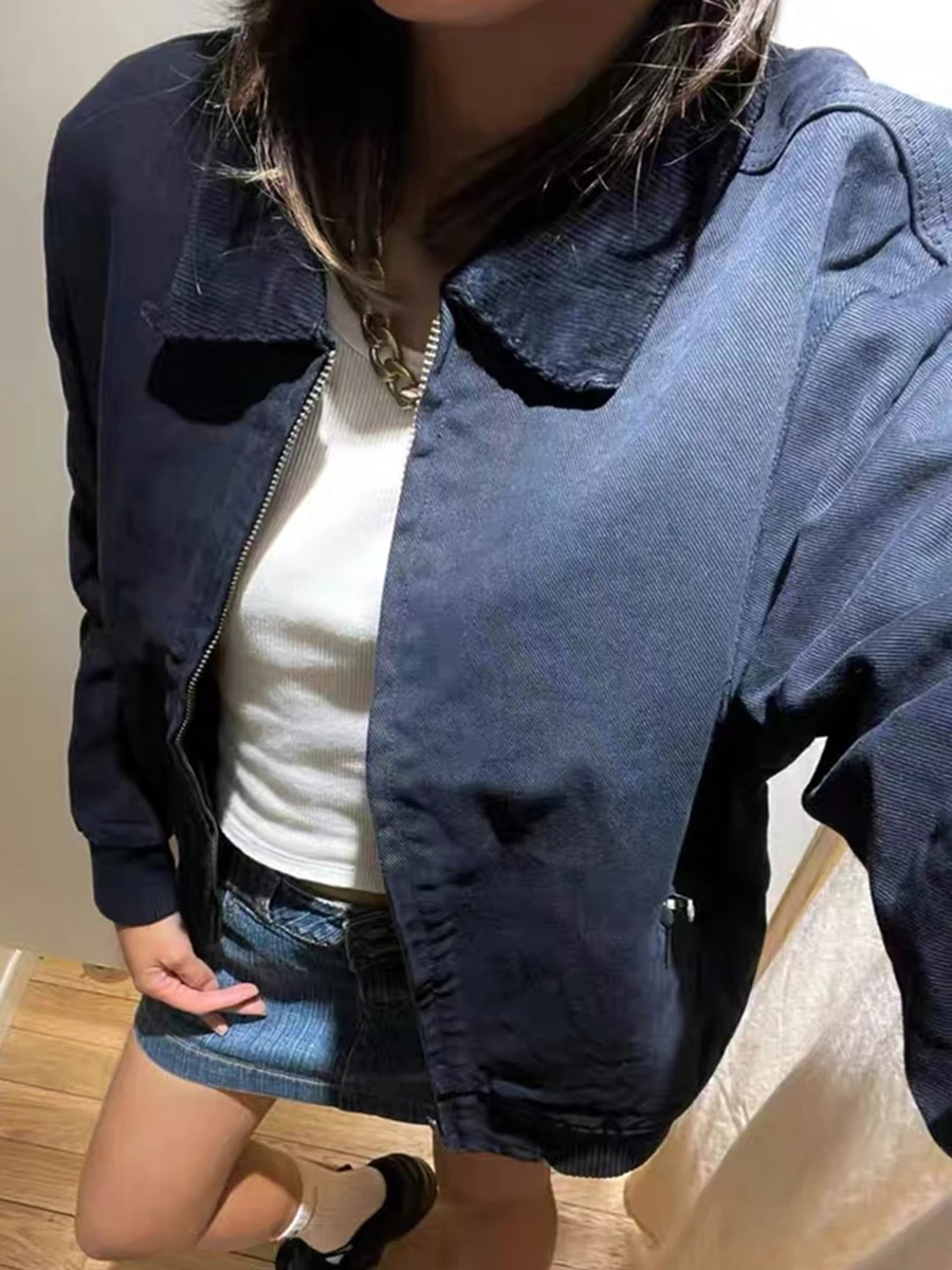 

Винтажные темно-синие толстые укороченные куртки женские с длинными рукавами и лацканами вельветовое лоскутное пальто на молнии осень-зима однотонная повседневная верхняя одежда