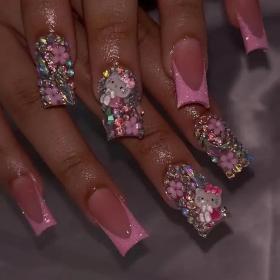 

Pink Glitter French Tip Pr on Nails Medium Square Fake Nails Glossy Rhinestones Full Cover Coffin False Nail with Rhinestones C