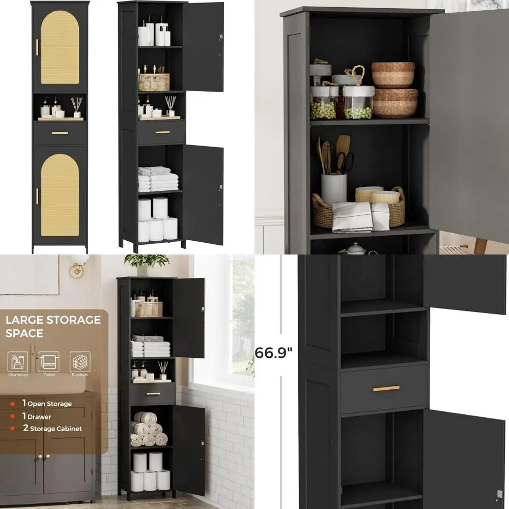 

Шкаф для хранения вещей 67H, украшенный ротангом, регулируемые полки, черный и натуральный, для ванной комнаты, гостиной, кухни (15,7 Вт)