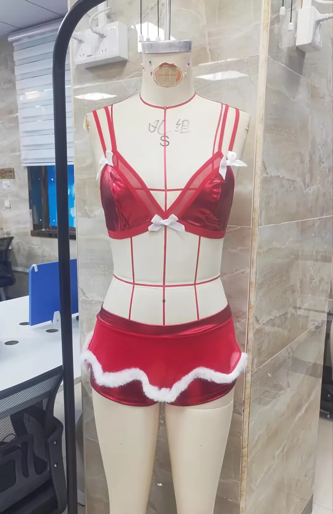 Women Christmas Holiday Outfit Metallic Fabric Bow Decor Top Faux Fur Trim Shorts Set Xmas Festive Costume