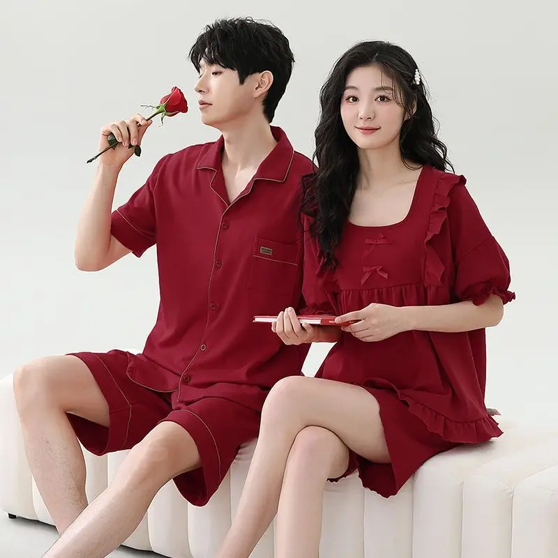 Pajamas new couple pajamas summer newlywed wedding red men and women cotton festive home wear pajamas set