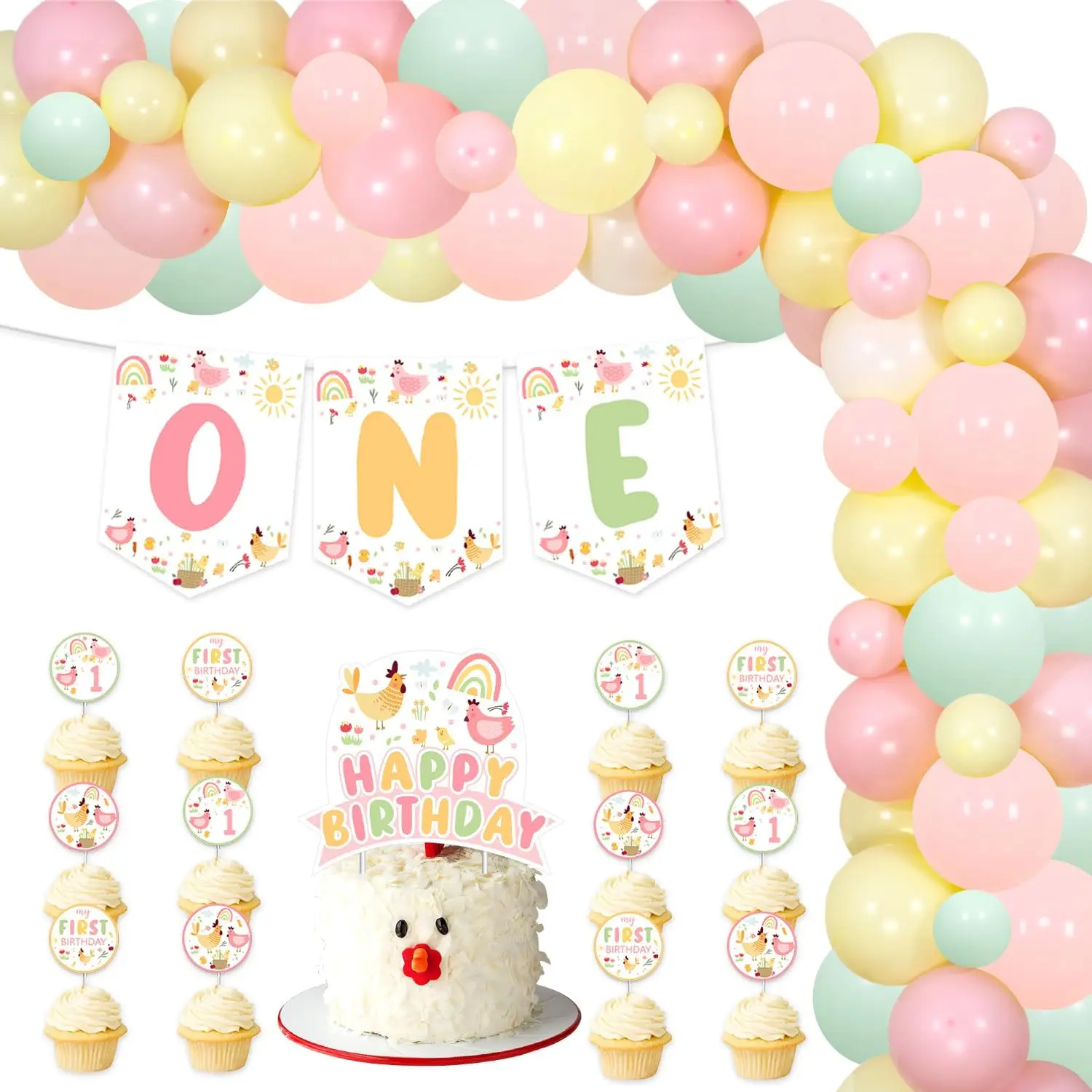 

Joymemo 96Pcs Chicken Themed 1st Birthday Cute Chick Highchair Banner Cake Topper Balloon Garland Arch Kit Party Supplies