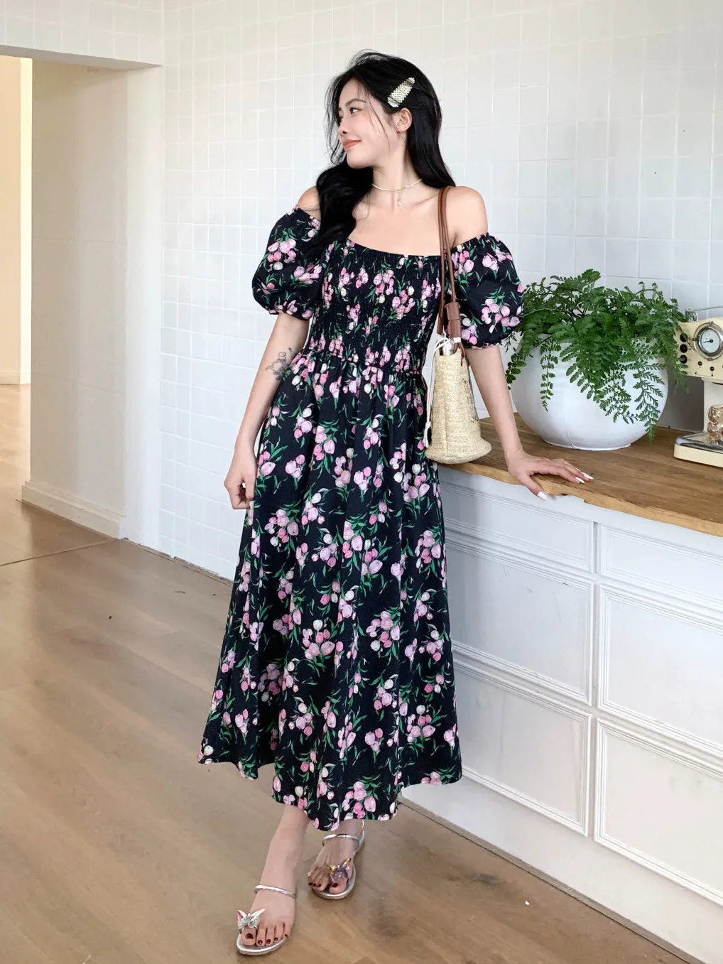 Korejpaa abito da donna in stile coreano delicato elegante stampato floreale Slash Neck increspato abiti a vita alta abiti dimagranti femminili