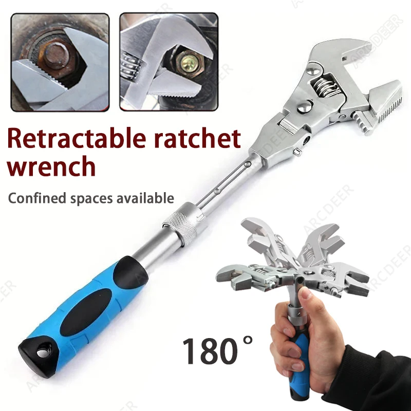 

Регулируемый ключ с храповым механизмом 5 в 1, складной выдвижной гаечный ключ на 180 градусов, поворотная головка, шкив для бытового обслуживания, ключ