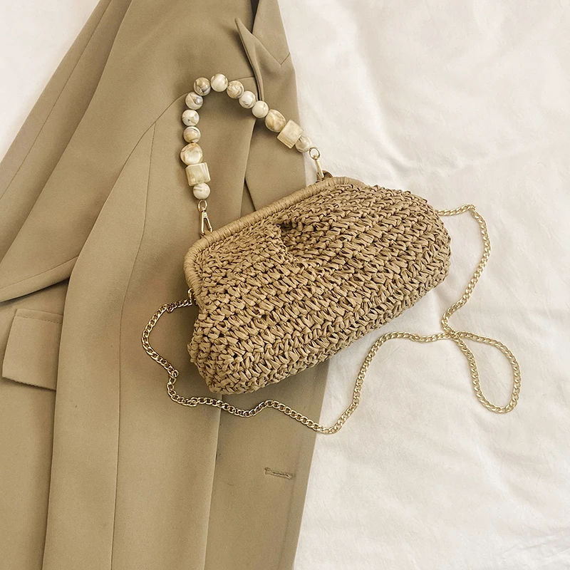 Borsa In Paglia Piccola Intrecciata A Mano Con Tracolla E Zip - Accessorio Estate Donna Per Spiaggia, Vacanze E Shopping - Con Decorazione A Nappa - 18x22 Cm