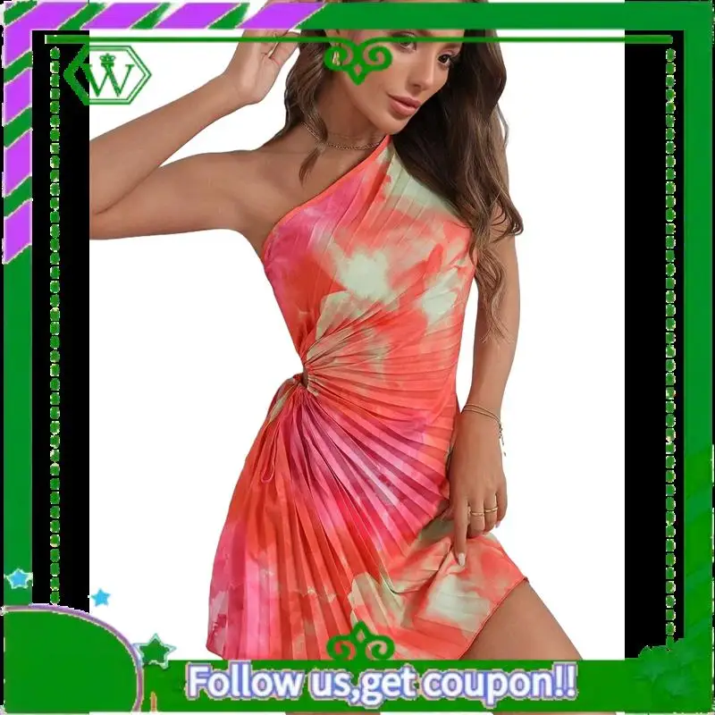 A18P-レディースサマードレス2025タイダイワンショルダーミニドレスプリーツカットアウトウェディングゲストドレス