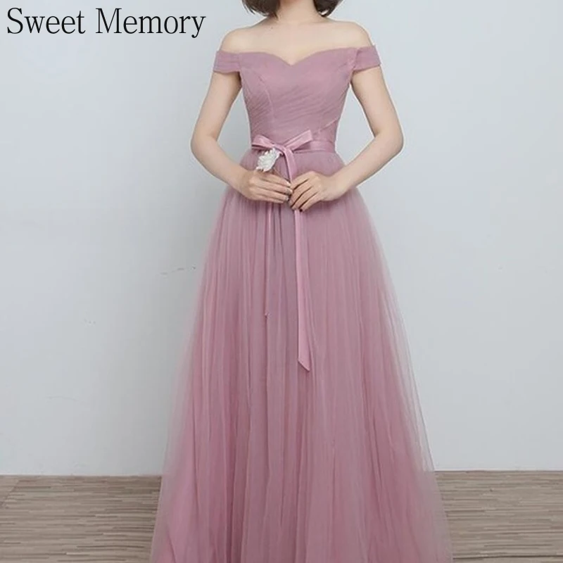 F88U32 Lange Tulle Roze Bruidsmeisje Jurken Grduation Prom Gown Met Boog Floor Lengte Vestidos Vrouwen Formele Wedding Party Dress