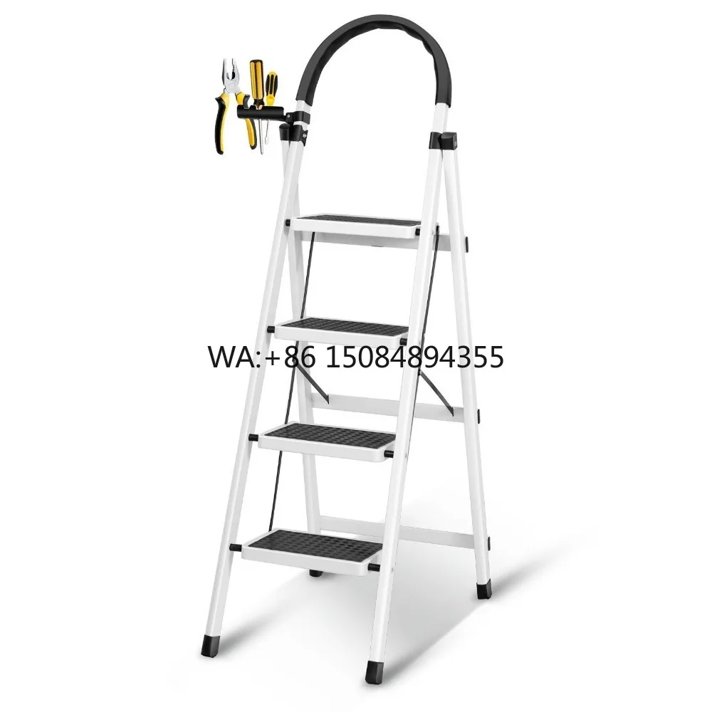 Deliladder DLS Foldable 4-Step Steel Step Stool Wide Anti-Slip Pedal Sturdy Design 375 Lbs Capacity European Style White
