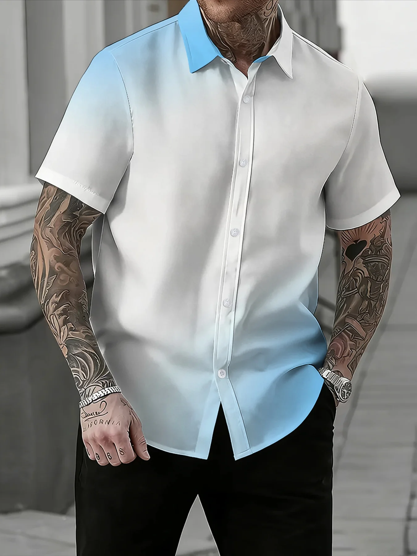 Smart Casual Blue White Gradient Men Shirt Bright Blue Lapel Design Short Sleeve Button Shirts Office Daily Wear