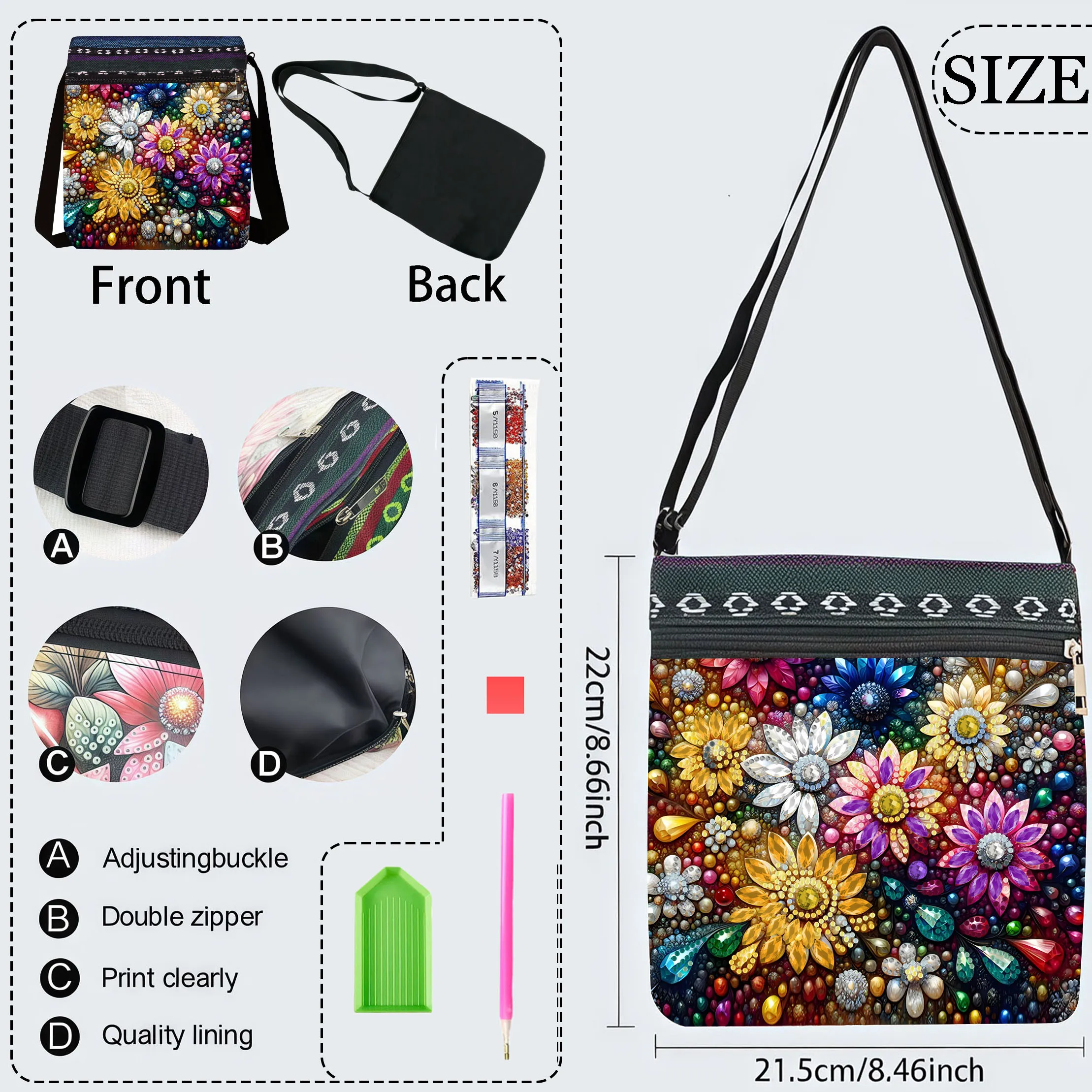 1 Piece Diamond Painting kit, Messenger bag, flower Pattern, canvas Material, used for travel Storage, holiday Creative gifts