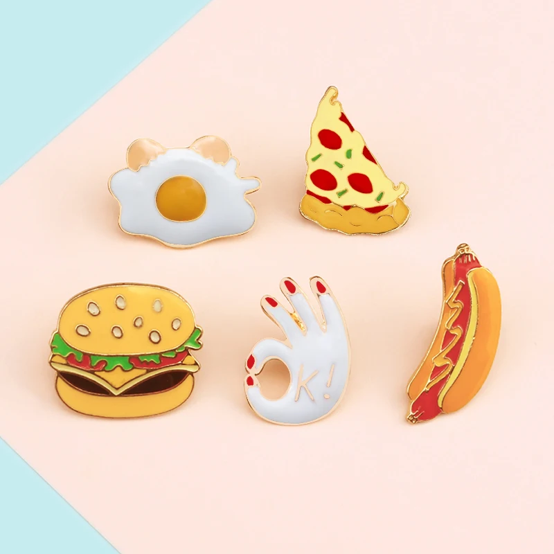 Broche de comida bonito, alfileres esmaltados, patatas fritas, huevo, hamburguesas, icono de Pizza, insignia, chaqueta, mochila, solapa, Pin de Metal, regalo de joyería para niños y mujeres