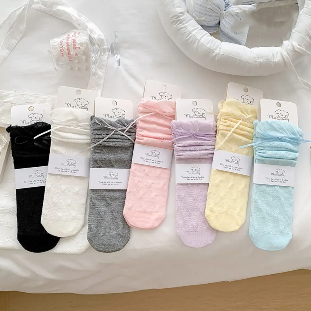 

Cute Sweet Children Mid-Tube Hosiery Princess Thin Lolita Lace Stockings Ribbon Bow Solid Color Balletcore Socks Kids