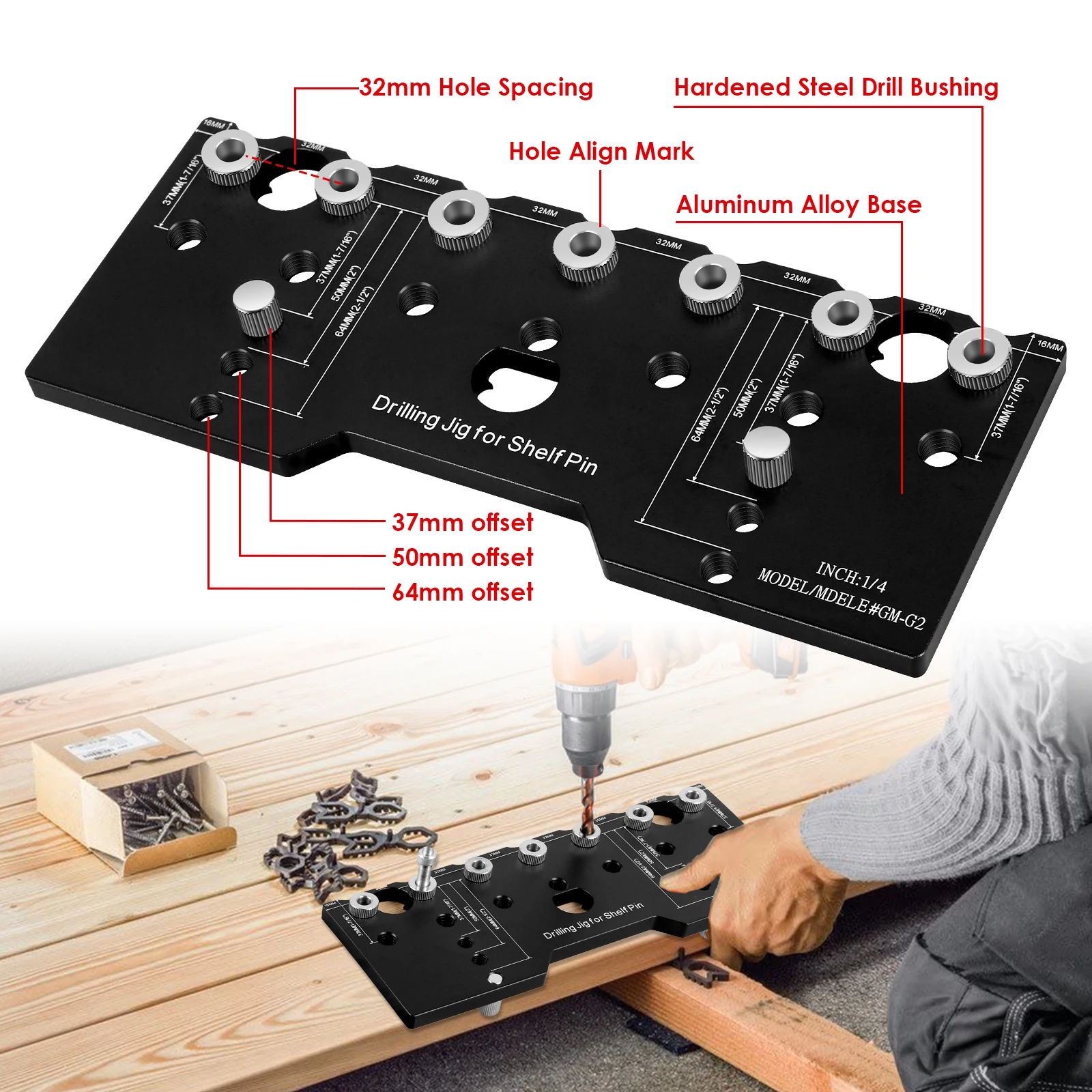 1 Set 1/4 Inch 5mm luminum Pocket Hole Jig Kit Shelf Pin Drilling Guide Jig  32mm Spacing Woodworking Straight Hole Drilling Jig