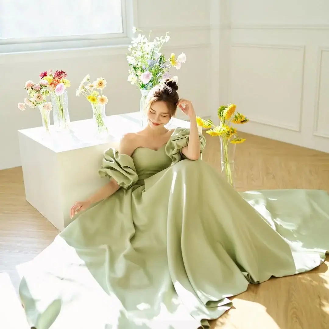 Sondr Sage Brautkleider, koreanische Puffärmel, Empfangskleider, herzförmige, trägerlose Hochzeits-Party-Kleider für die Braut