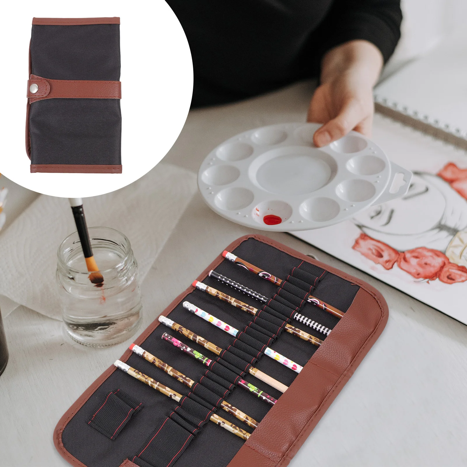 2 Buah Kotak Pensil Kanvas Desain Gulung Multi-saku untuk Alat Sketsa Kuas Lukis Kantong Tempat Alat Tulis Sekolah