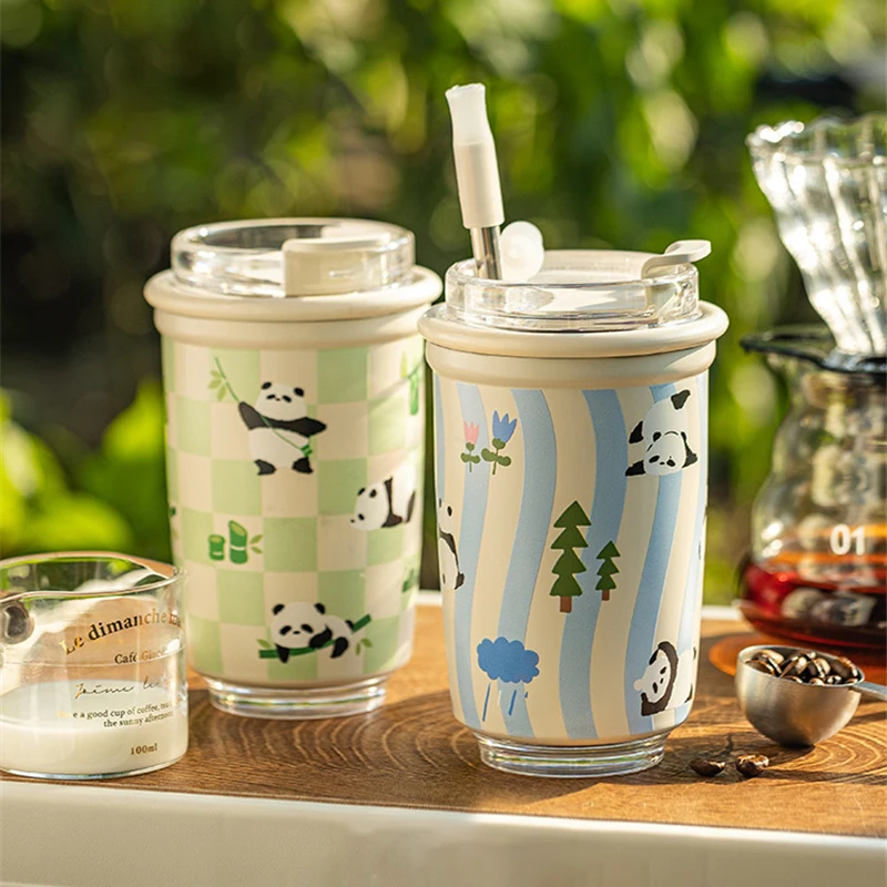 Thermos for Water Cute Panda Girl Stainless Steel Straw Cup Portable Coffee Mug Thermal Bottle for Coffee Water Bottles Gifts