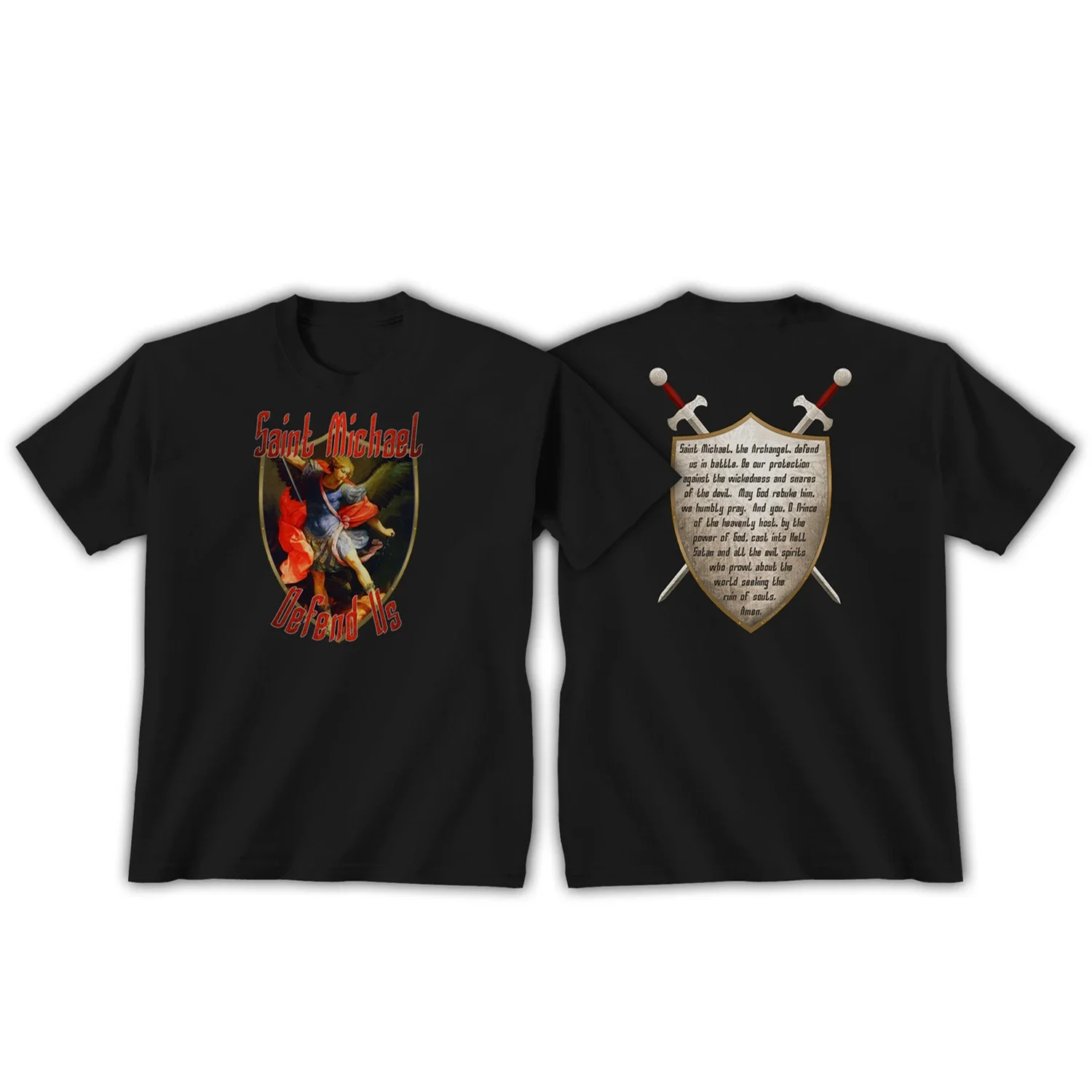 

St. Michael The Archangel, Defend Us In Battle. Prayer Catholic T-Shirt. Premium Cotton Short Sleeve O-Neck Mens T Shirt New
