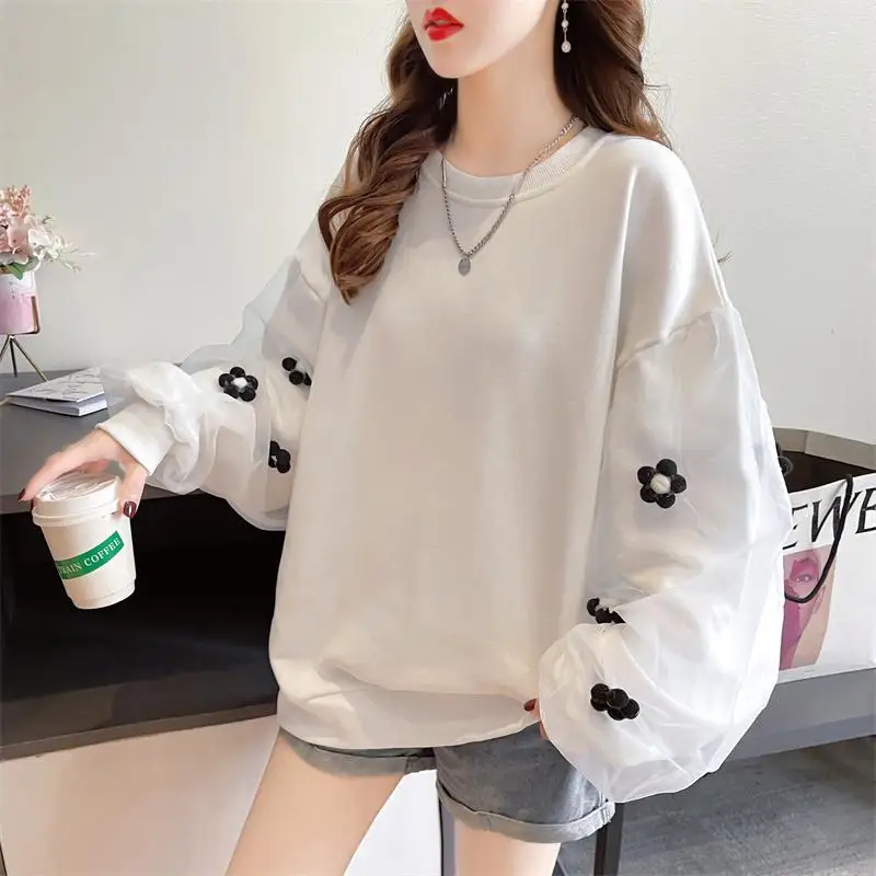 Plus Size Lazy Style White Hoodie Spring Autumn New Patchwork Loose Street Casual Pullovers Top Fashion Korean Women Clothing