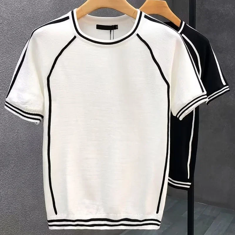 Irregular Lines Men's Knitted T Shirt Summer Black White Contrast Color Round Neck Short Sleeve Breathable Knitwear T-Shirt Tops