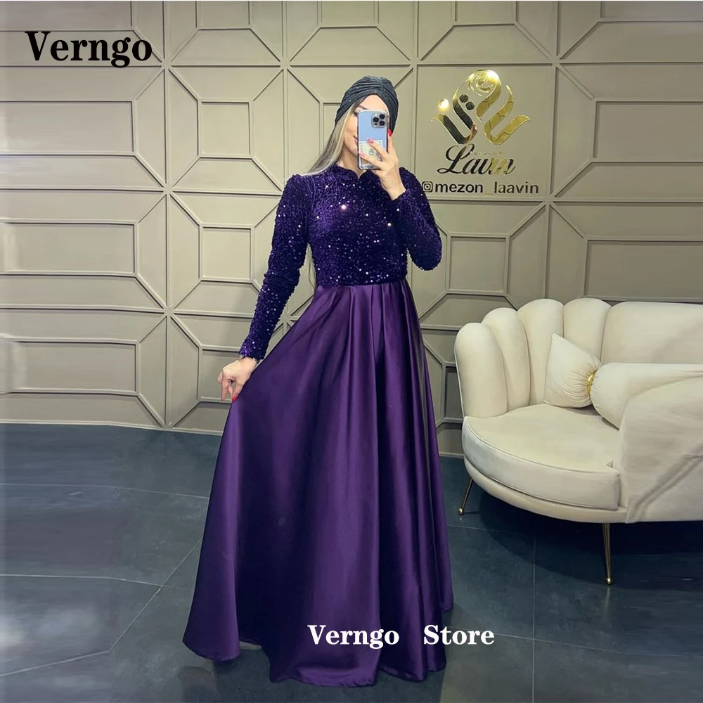 

Verngo Sparkly Sequin Grape Purple Satin Evening Dresses Dubai Arabic Women Prom Gowns Modest Shiny Formal Occasion Party Dress