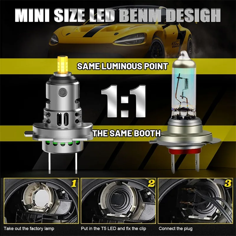 3D H7 LED Car Headlight Bulb Canbus 2200W 3000000LM Led Light for Car 360 Turbo LED Mini HeadLamp Size Wireless with Fan 6000K