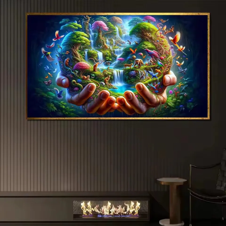 Diy Diamond Painting Kits Large Size Two Hands Holding Stunning Rainforest With Cascade, Many Animals And Many Beautiful Birds