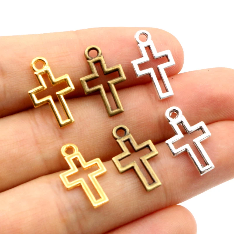 40pcs Charms Hollow Lovely Cross 17x10mm Antique Silver Color Bronze Pendants DIY Making Findings Handmade Tibetan Jewelry