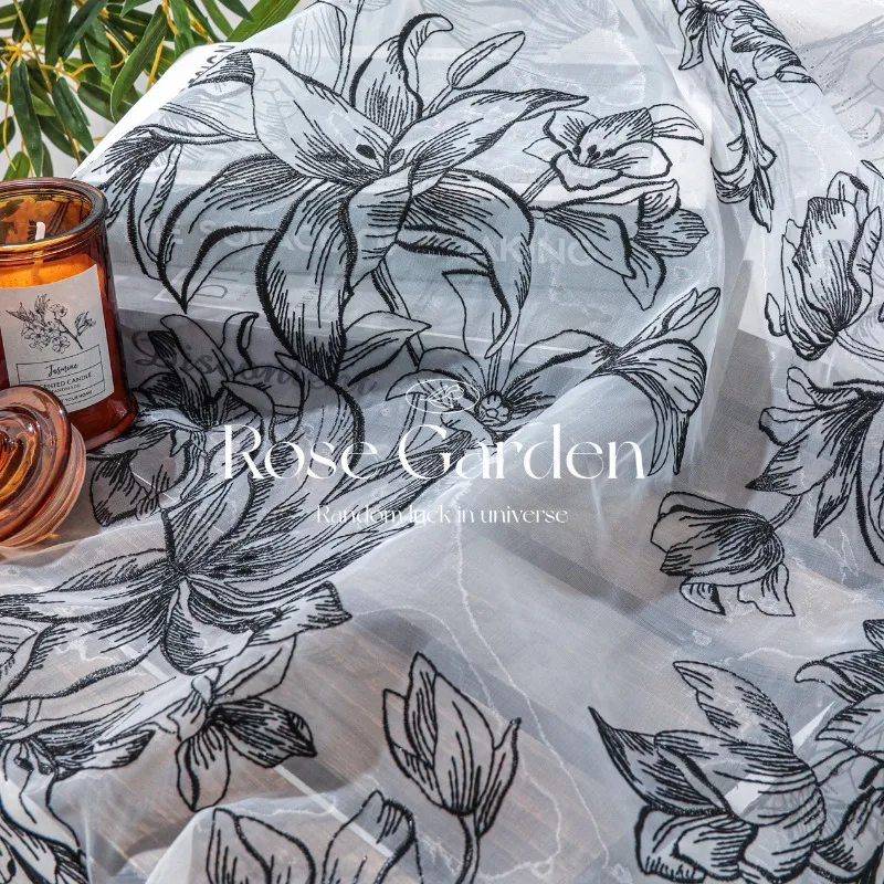 1meter Fragrant Lily Embroidered Fabric Floral Pattern Sheer Soft Lightweight Dress Qipao Hanfu Tablecloth Decoration DIY Sewing