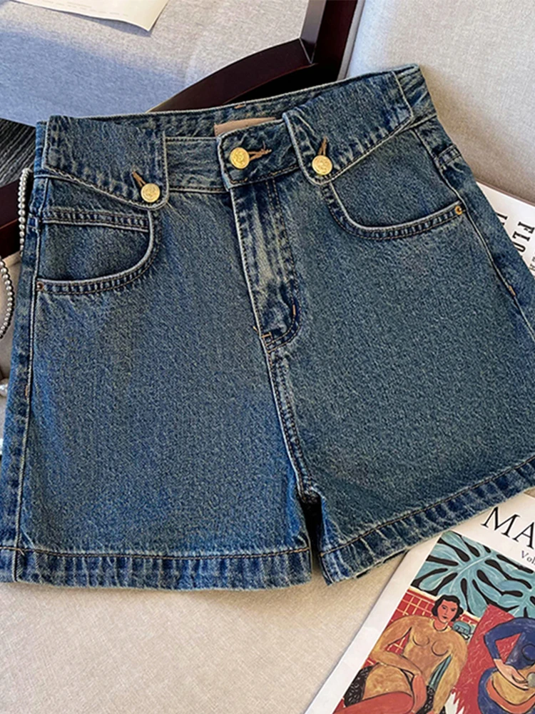 

New Summer Women High Waist Button Wigh Leg Jeans Shorts Casual Female Loose Streetwear Fashion Fit Blue Denim Shorts 2025