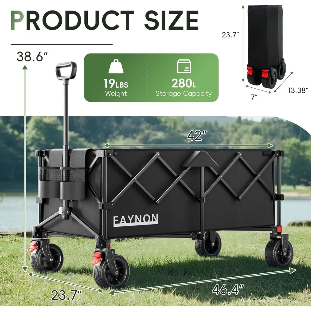 Wózek transportowy składany 46 cali, udźwig 227 kg, pojemność 280 l, koła terenowe i uchwyty na napoje
