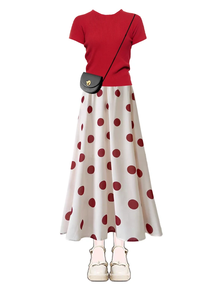 Retro sle roupa de verão feminina bolinhas vermelhas solto ajuste f saia ort sve redondo ne topo e saia conjunto de duas peças