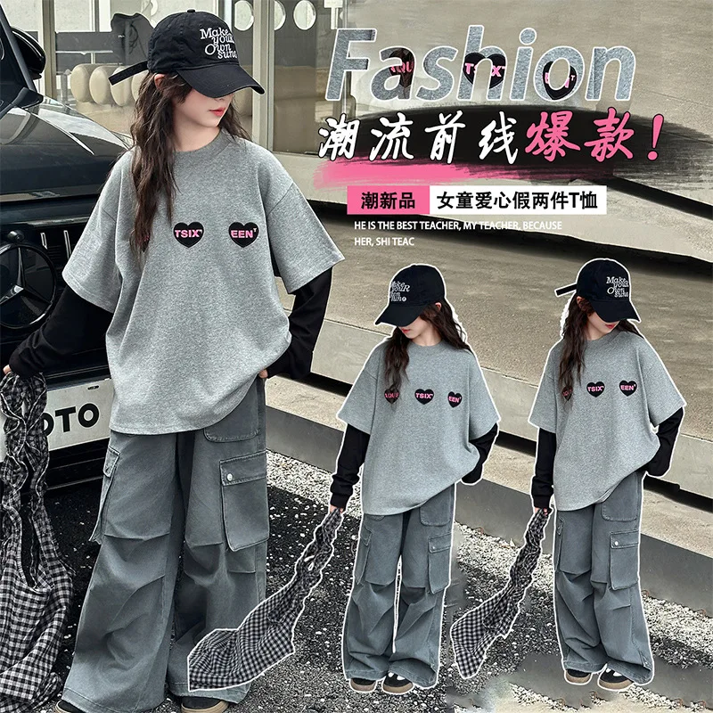 

Kawaii Girl Fashion T-Shirt Work Pants Set Student Spring Autumn Cartoon Casual Tops Long Pants 2-Piece Set Children's Clothing