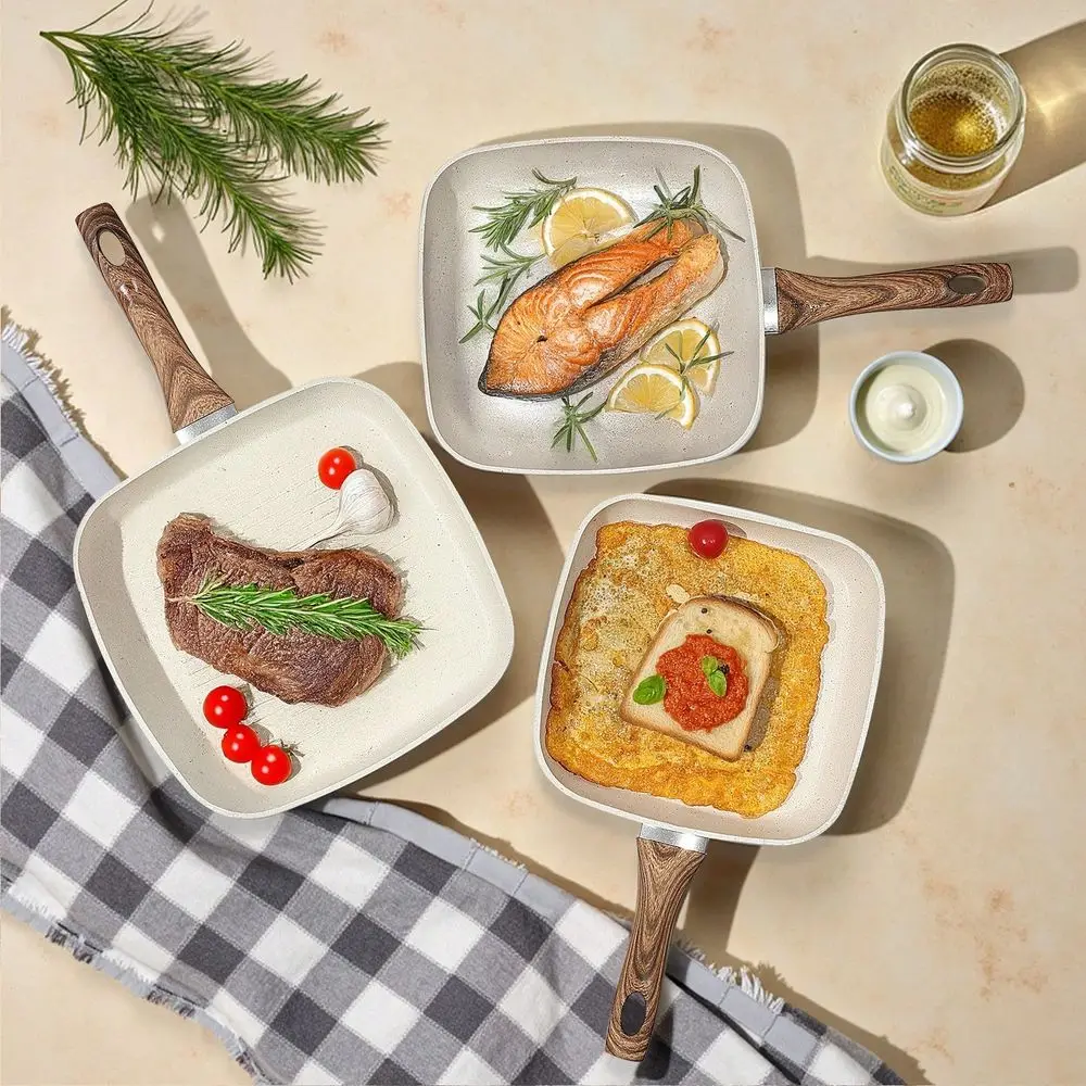 

Nonstick Frying Pan Skillet Set, 3 Piece Square Grill Pans With Stay Cool Handle Free, Compatible With All Stovetops 9.5 10 11
