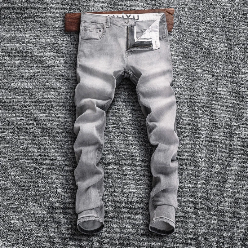 Fashion Designer Men Jeans Retro Gray Elastic Stretch Slim Jeans Men Trousers High Quality European Vintage Denim Pants Hombre