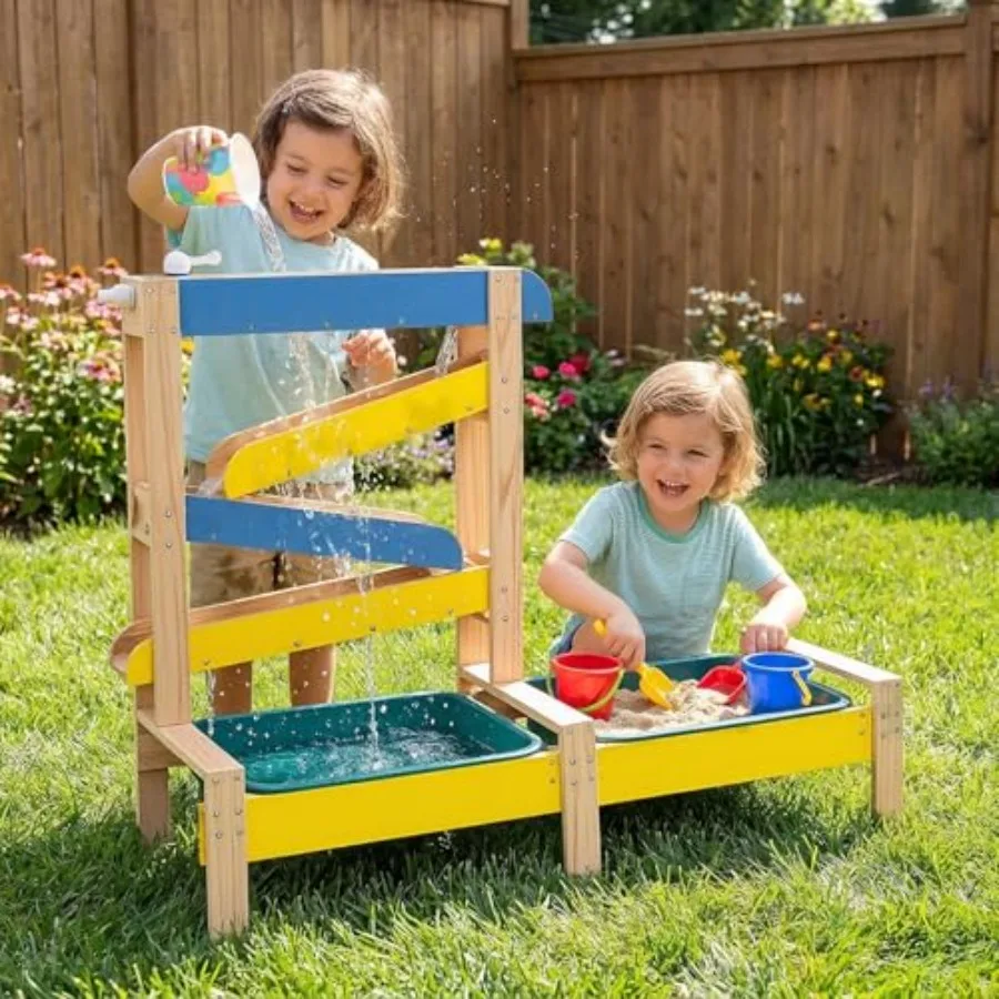 Outdoor kids activity playset for 3+: wooden sand and water table with 2 water basins, 2 plant pots, sailboat submarine toys, n