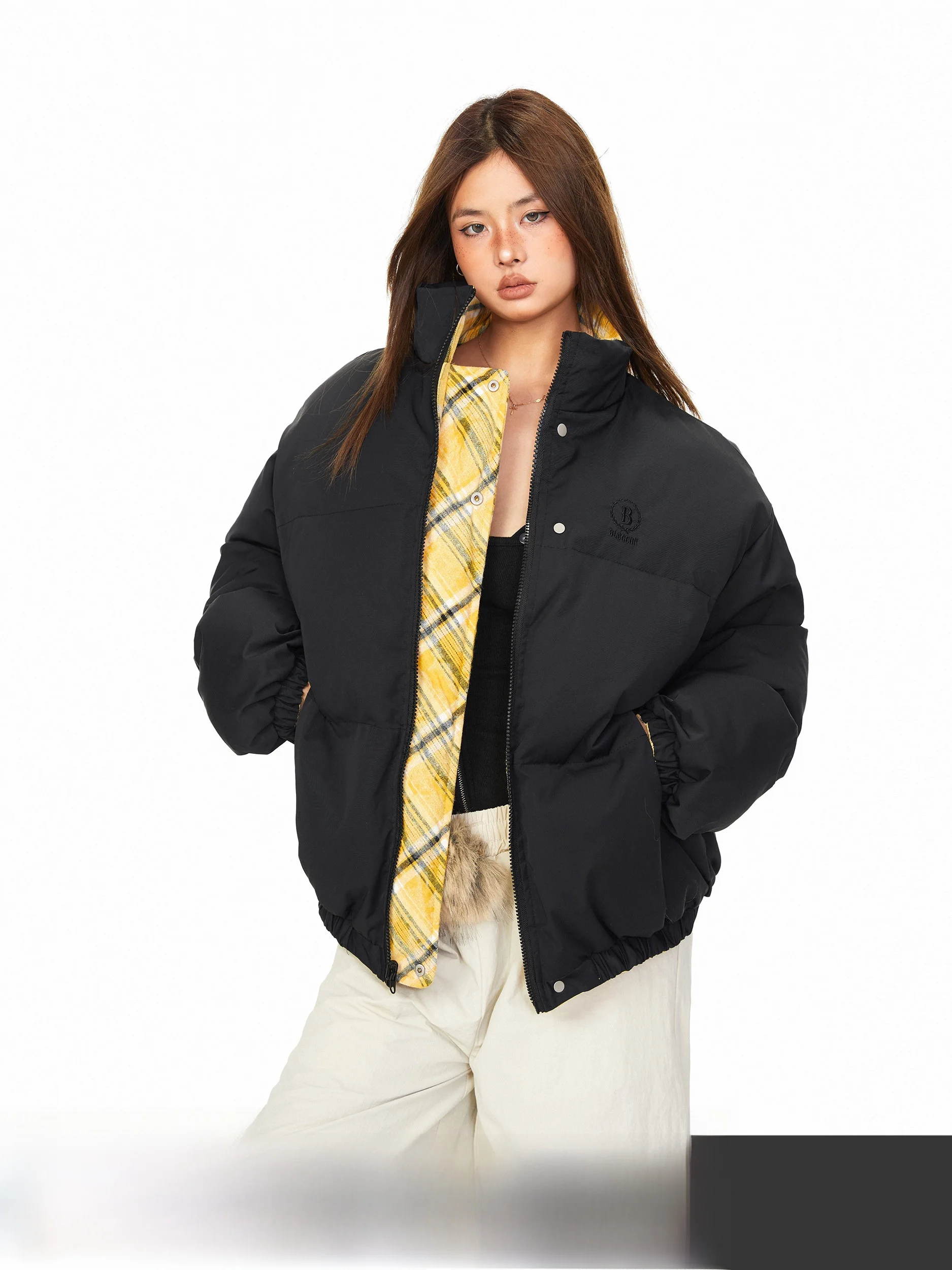 

Зимняя утепленная двусторонняя куртка Blabb в клетку с воротником-стойкой из хлопка, теплая, в стиле Streetwear, для повседневной носки и спорта